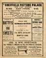 Advertisements for Sheffield Picture Palace, Union Street; W. Batty Ltd., sweet shop, Wicker Lane; Sheffield Savings Bank, Norfolk Street and Jas. and Wm. Hastings, piano dealers, No. 24 Pinstone Street