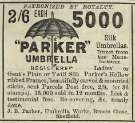 Advertisement for J. B. Parker, [umbrella manufacturers] Umbrella Works, Broom Close