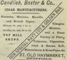 Advertisement for Candlish, Baxter and Co., cigar manufacturers, No. 27 Old Haymarket