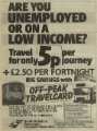 Advertisement for the off peak travel card for the unemployed and people on a low income, South Yorkshire Passenger Transport Executive