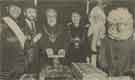 Lord Mayor, Phyllis Smith switches on the Christmas lights with Miss Yorkshire Television; Radio Sheffield personality, Tony Capstick; the Lady Mayoress, Diane Stanley [and] Father Christmas and his helper