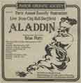 Advertisement for Manor Operatic Society's production of the pantomine Aladdin, produced and directed by Brian Platts at the City Hall, Barkers Pool