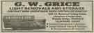 Advertisement for G. W. Grice and Son, light removals and storage, Unit 10, Nutwood Trading Estate, Limestone Cottage Lane, Wadsley Bridge