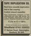 Advertisement for Tape Duplication Co., No. 77 Barlow Road, Stannington Advertisement for Tape Duplication Co., No. 77 Barlow Road, Stannington