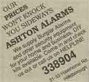 Advertisement for Ashton Alarms, burglar alarms and security equipment, Nos. 31 - 33 Hawthorn Road, Hillsborough