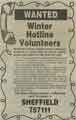 Advertisement for volunteers for the Sheffield Winter Hotline organised by Sheffield Libraries and Information Services