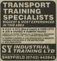 Advertisement for SY Industrial Training Ltd., transport training specialists, Shepcote Training Centre, Shepcote Lane Advertisement for SY Industrial Training Ltd., transport training specialists, Shepcote Training Centre, Shepcote Lane