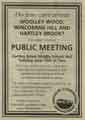 Advertisement for a public meeting concerning Woolley Wood, Wincobank Hill and Hartley Brook, to be held at Hartley Brook Middle School, [Hartley Brook Road]