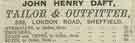 Advertisement for John Henry Daft, tailor and outfitter, Nos. 339 London Road Advertisement for John Henry Daft, tailor and outfitter, Nos. 339 London Road