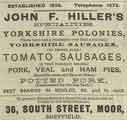 Advertisement for John F. Hiller, butchers, No. 36 South Street, Moor Advertisement for John F. Hiller, butchers, No. 36 South Street, Moor