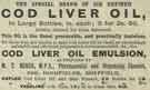 Advertisement for cod liver oil prepared by M. T. Miner, pharmaceutical and dispensing chemist, No. 248 Highfields, Sheffield Advertisement for cod liver oil prepared by M. T. Miner, pharmaceutical and dispensing chemist, No. 248 Highfields, Sheffield