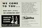 Advertisement for Franklins (W. E. Franklin (Sheffield) Ltd.), carpet and upholstery cleaners, No. 6 Ecclesall Road Advertisement for Franklins (W. E. Franklin (Sheffield) Ltd.), carpet and upholstery cleaners, No. 6 Ecclesall Road