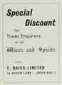 Advertisement for T. Bates Ltd., retail wines and spirits merchants, No. 16 Dixon Lane