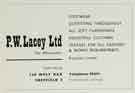 Advertisement for P. W. Lacey Ltd., equipment wholesalers, Tudor House, No. 120 West Bar